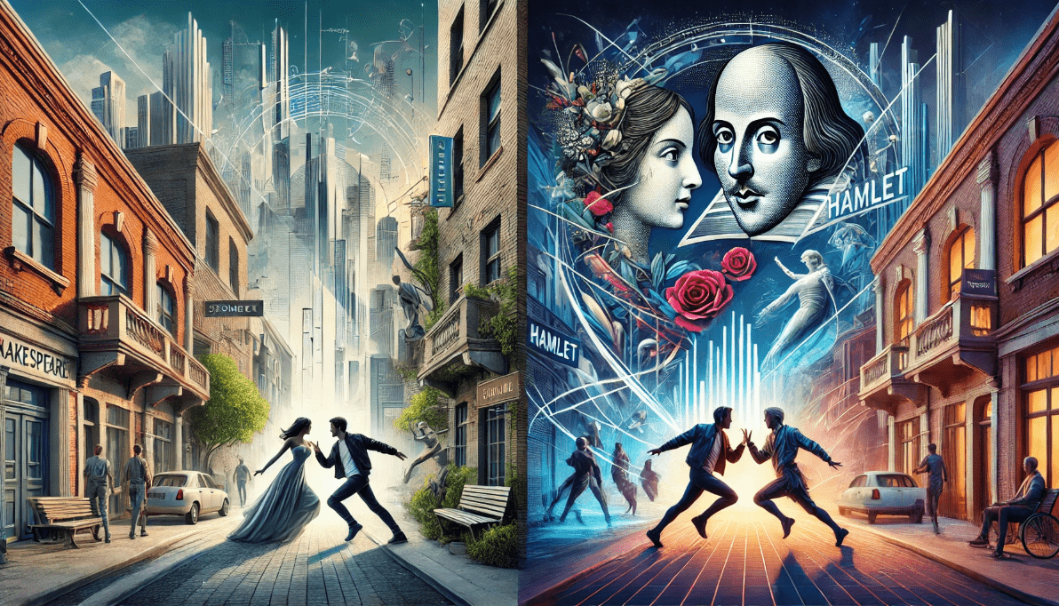 An artistic representation of iconic scenes from Shakespeare's Romeo and Juliet and Macbeth