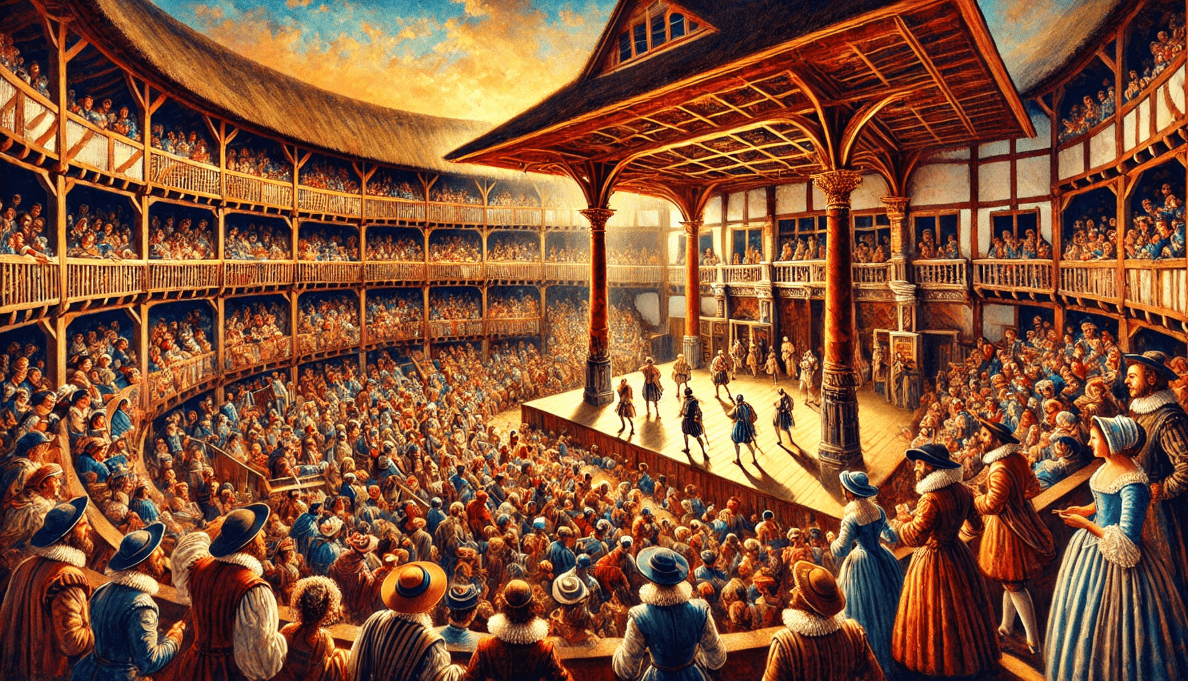 A vibrant and detailed illustration of the Globe Theatre during a lively performance