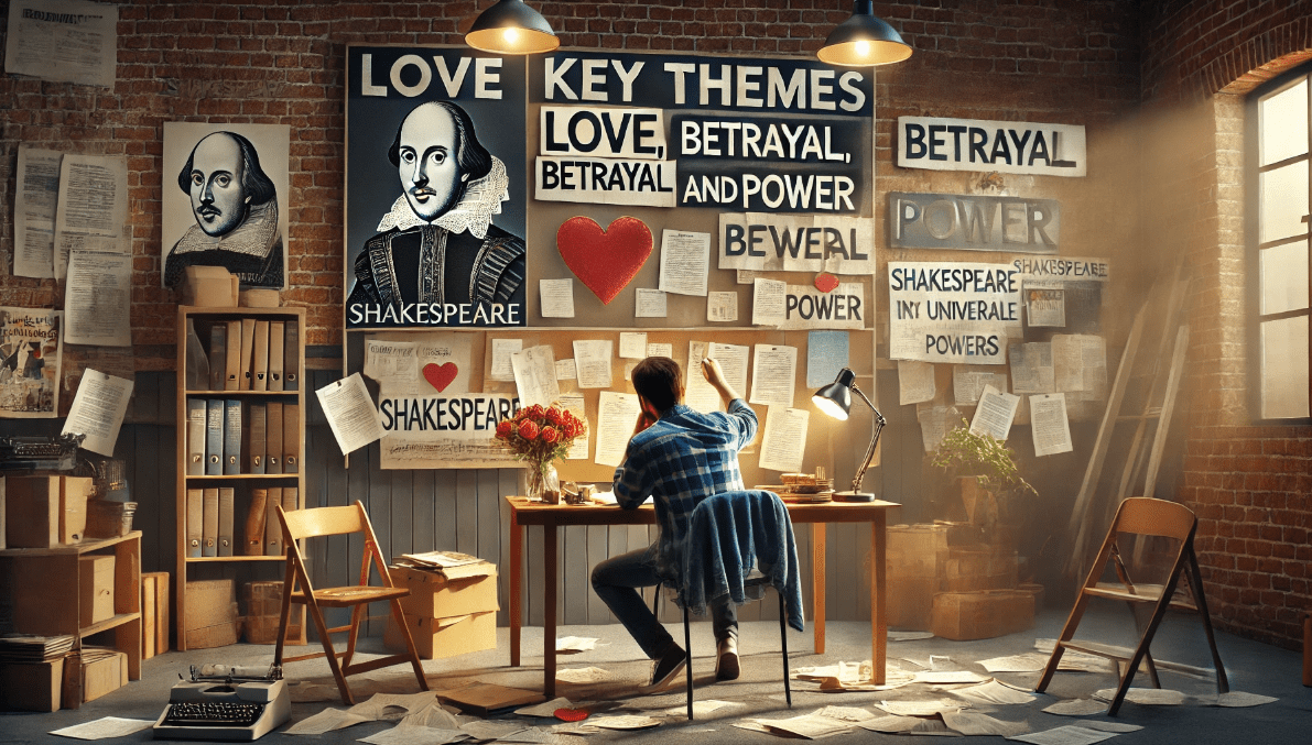 A modern playwright in a rehearsal room, surrounded by scripts, notes, and a desk full of ideas.