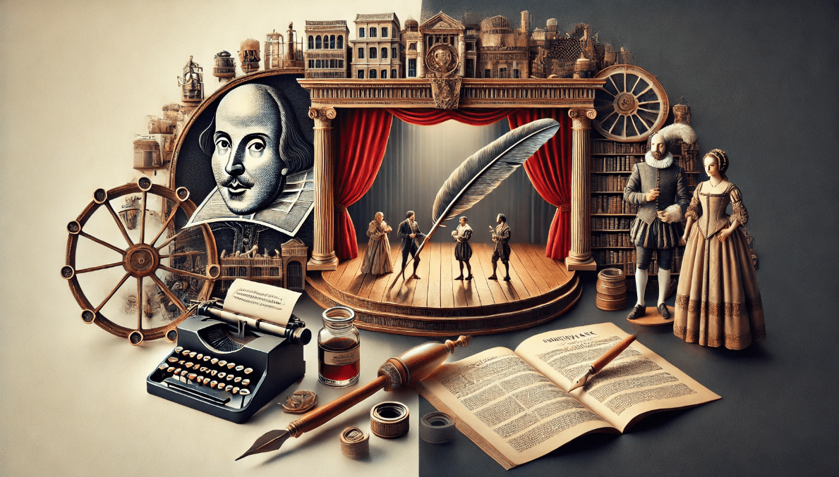 Shakespeare’s legacy in modern theatre: actors performing on stage with symbolic elements