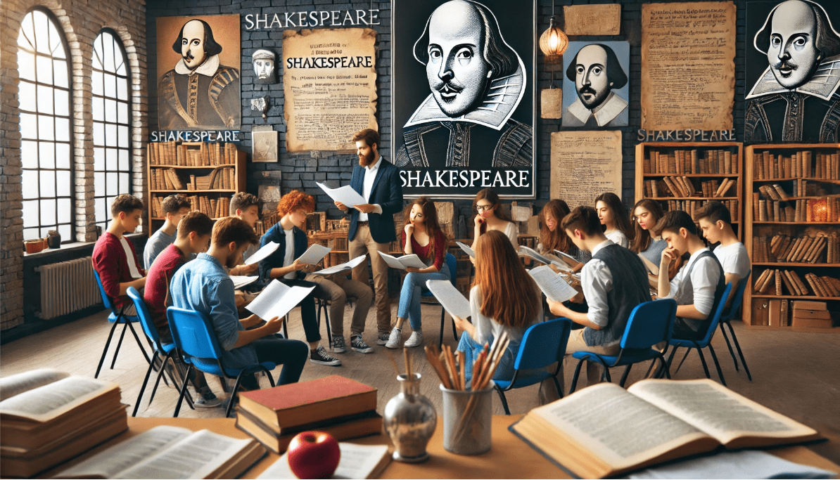 Theatre students studying Shakespeare's works as part of their education and training.