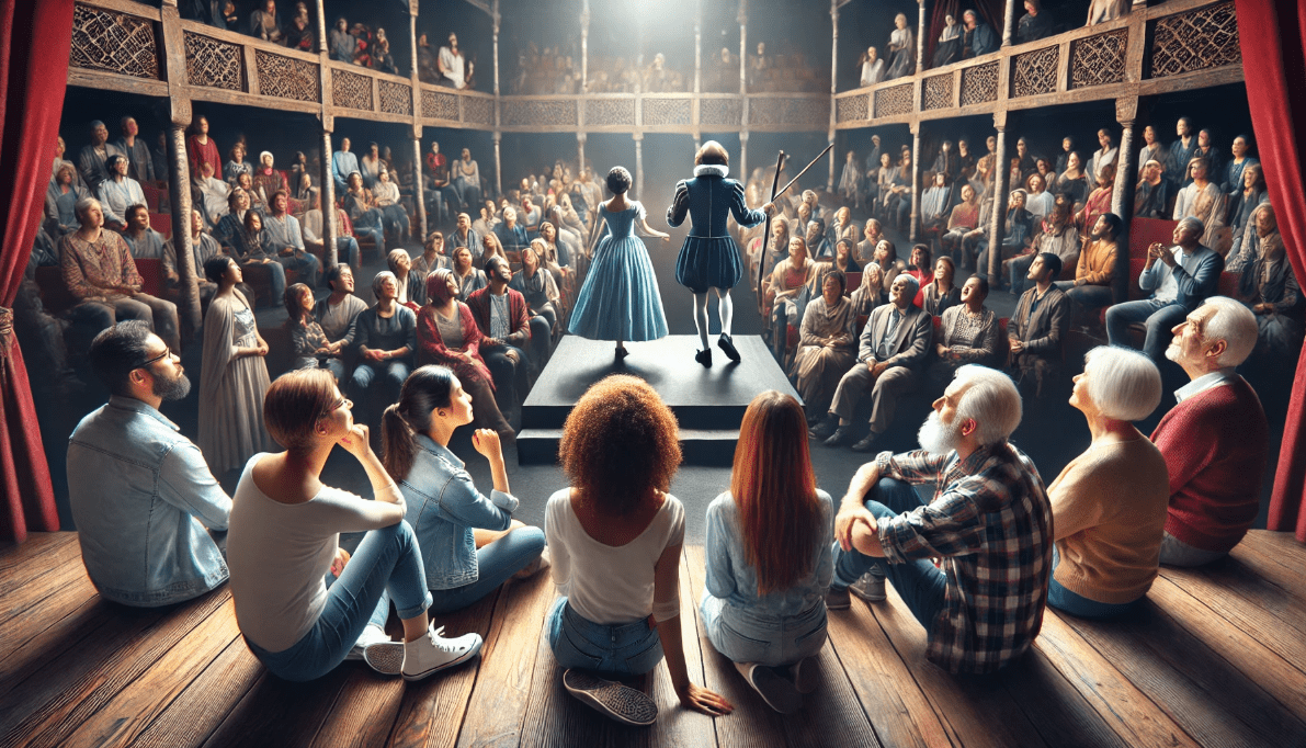 Modern theatregoers engaged in a live Shakespeare performance, highlighting the timeless connection.