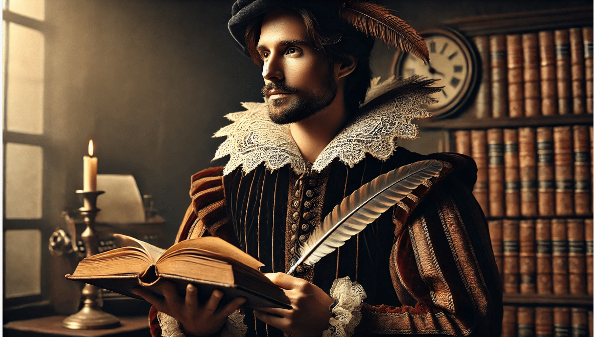 William Shakespeare portrait in traditional attire, symbolizing his timeless influence on literature and theater.
