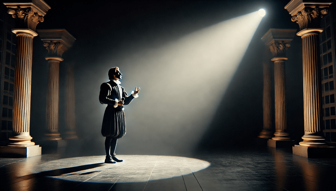 Shakespearean actor delivering a soliloquy on stage, capturing the dramatic tension and emotional depth of Shakespeare’s playwriting.