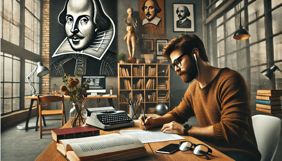 A modern playwright writing a script with Shakespeare’s works as a background, illustrating the ongoing influence of his playwriting techniques.