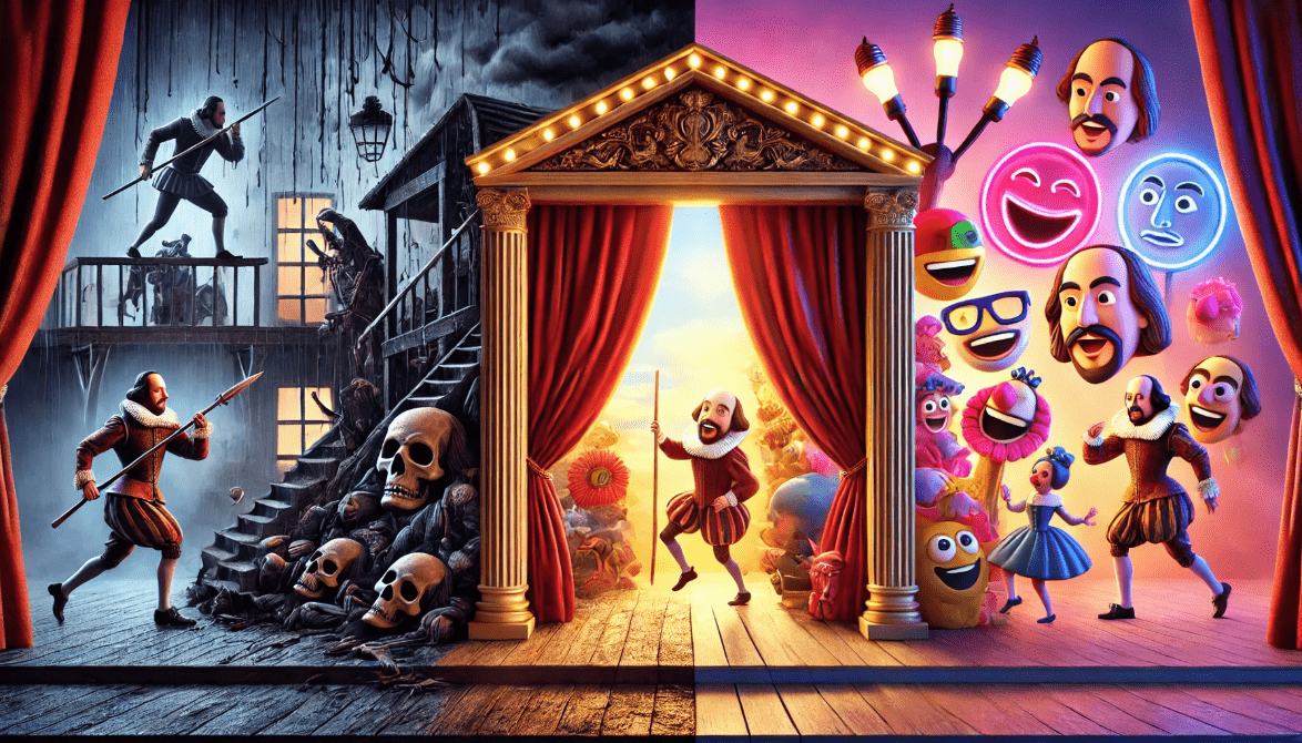 A theatrical split scene showing Shakespeare’s blending of tragedy and comedy on stage.