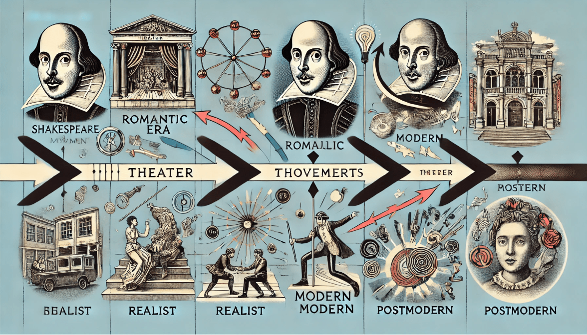 A historical timeline showing Shakespeare's pivotal role in shaping modern theater movements like Romanticism, Realism, and Modernism.