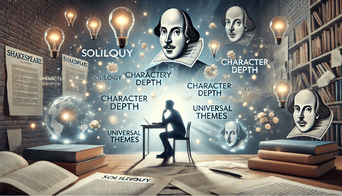 A writer surrounded by Shakespearean writing techniques, symbolizing the incorporation of his methods into modern playwriting.
