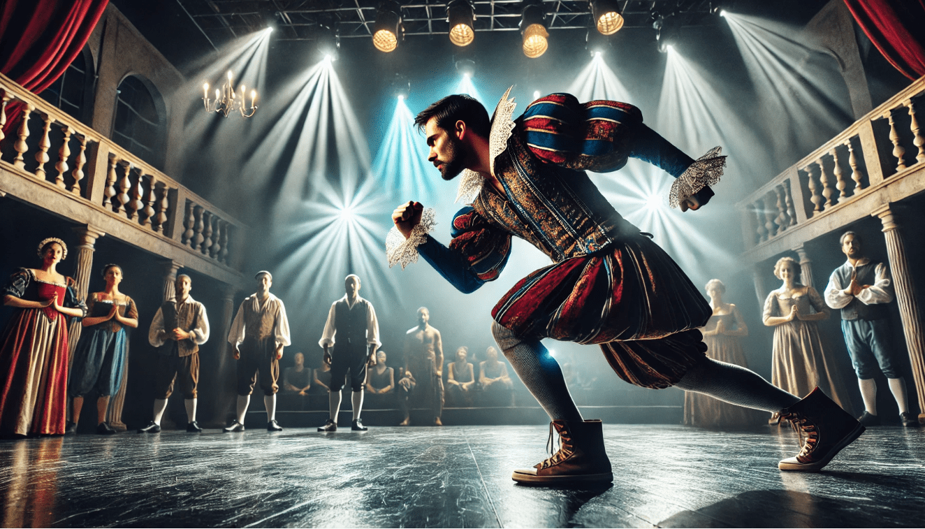 Modern Shakespearean performance blending classic acting with contemporary stage techniques.