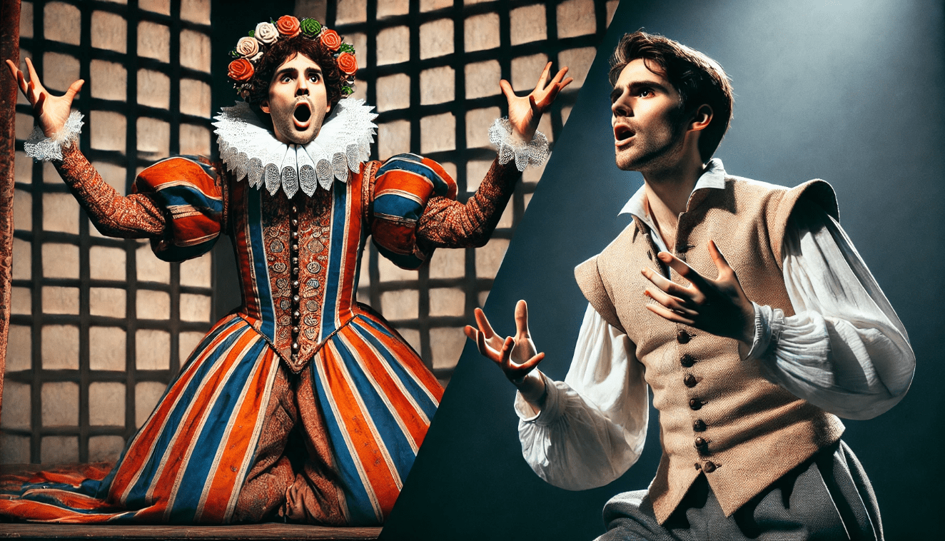 Comparison of early and modern Shakespearean acting styles, showcasing bold gestures and subtle expressions.