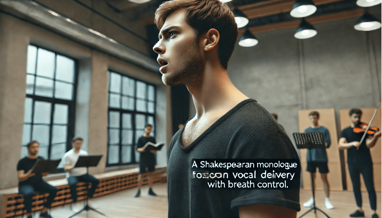 Modern actor rehearsing Shakespearean lines with emphasis on vocal control and physical expression