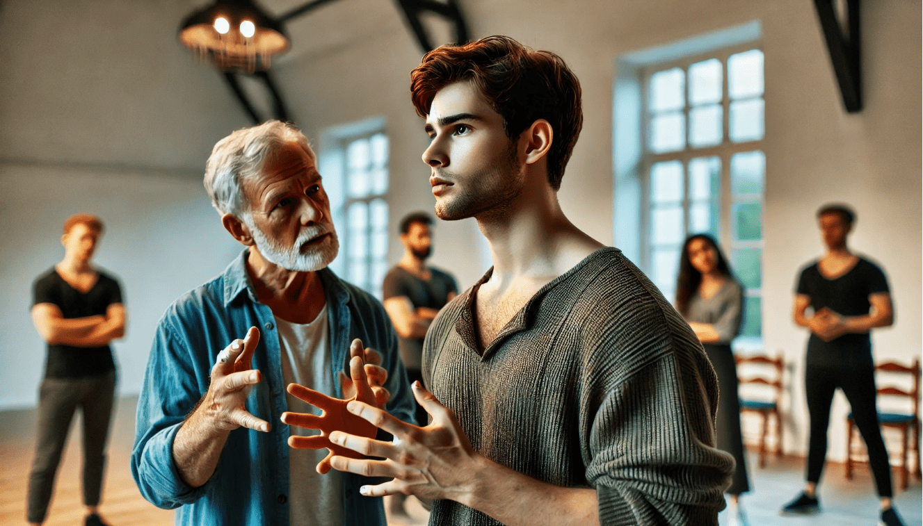 Actor rehearsing Shakespearean techniques with coach focusing on vocal control and physical blocking.