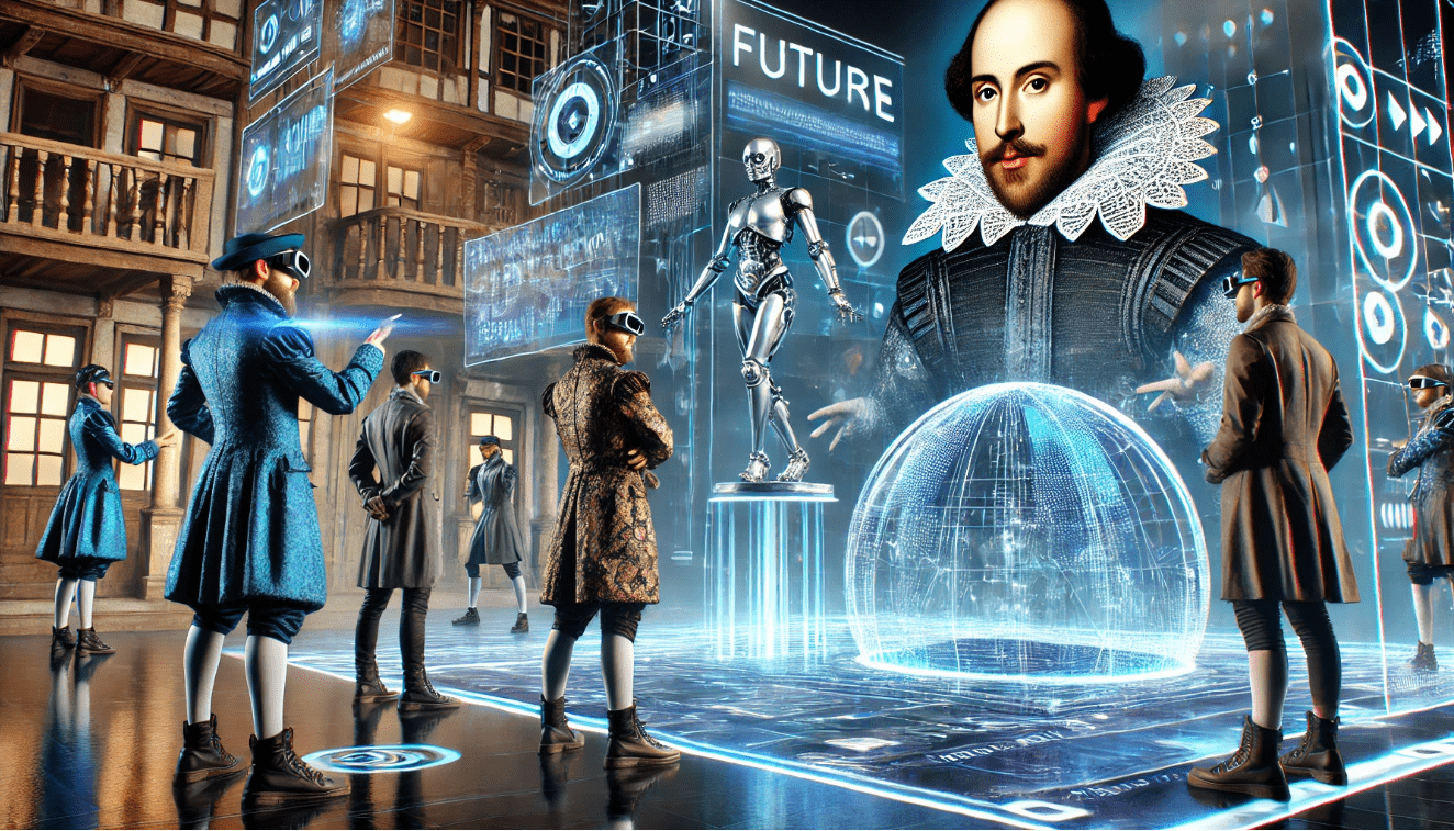 Futuristic Shakespearean performance with augmented reality and projection mapping enhancing the theater experience