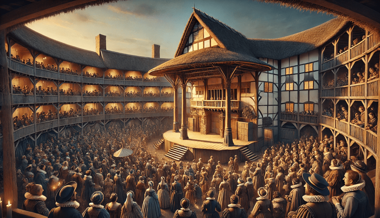 The Globe Theatre, an iconic open-air playhouse in Elizabethan London, representing Shakespeare's legacy.