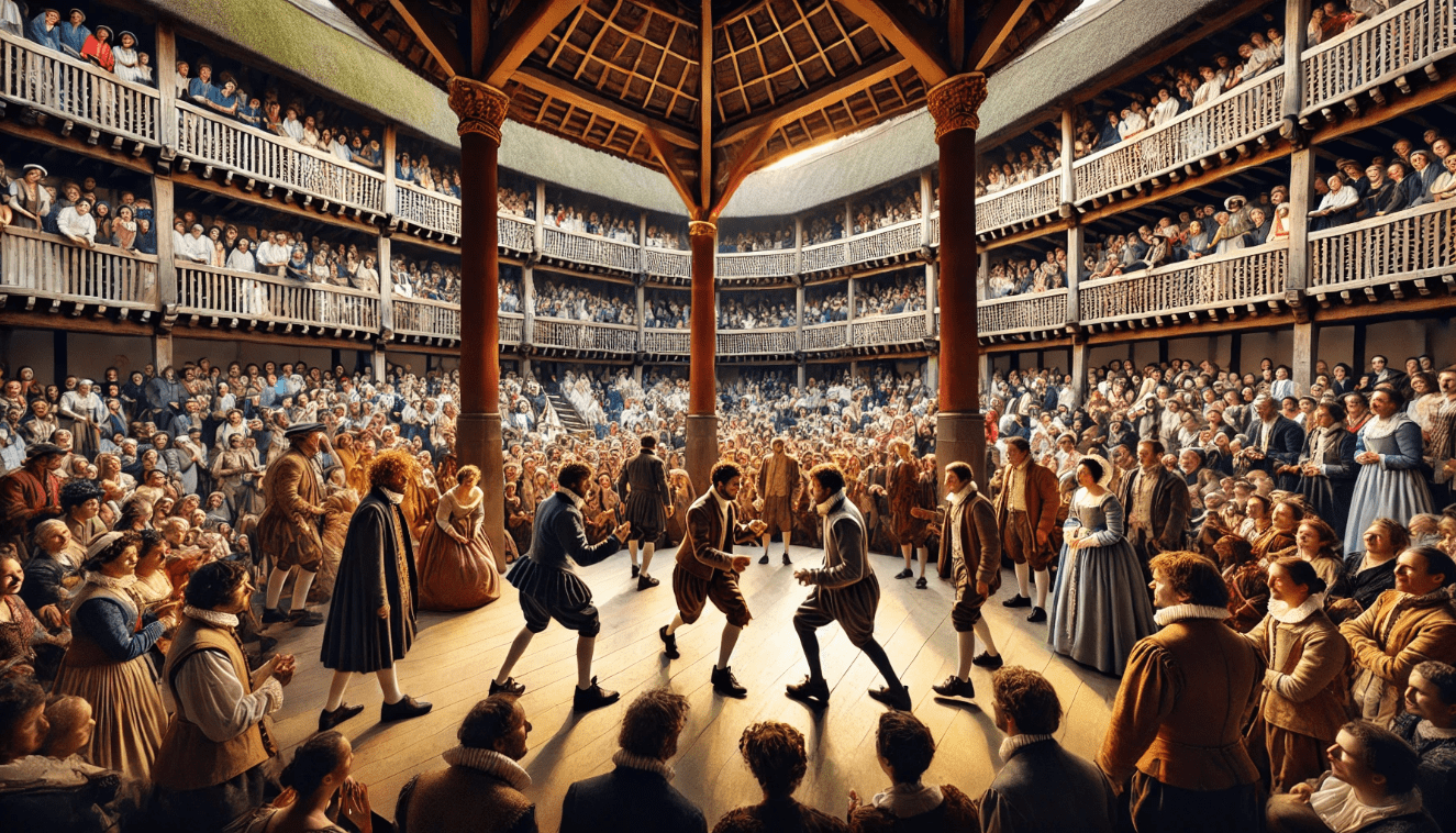 Actors on the thrust stage of a Shakespearean playhouse, engaging with the audience in an immersive performance.