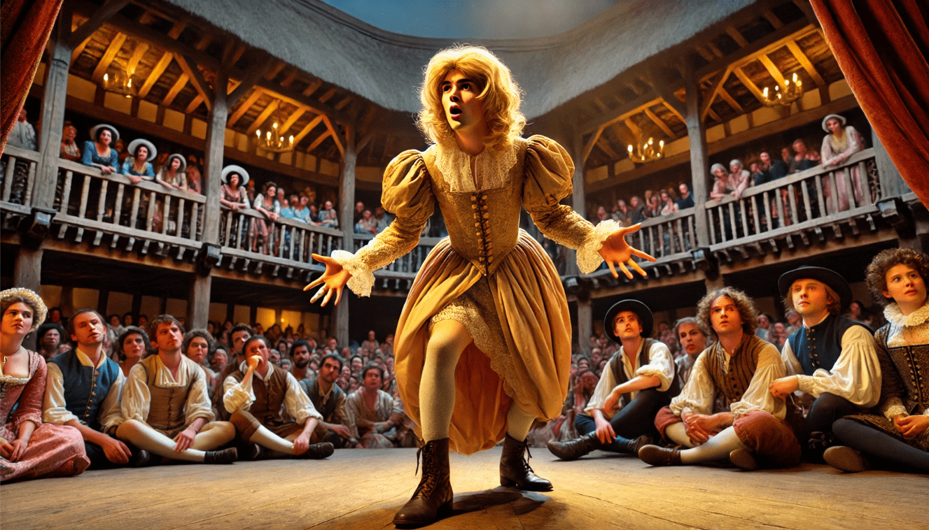 A male actor playing a female role in a Shakespearean play, reflecting the gender norms of Elizabethan theatre