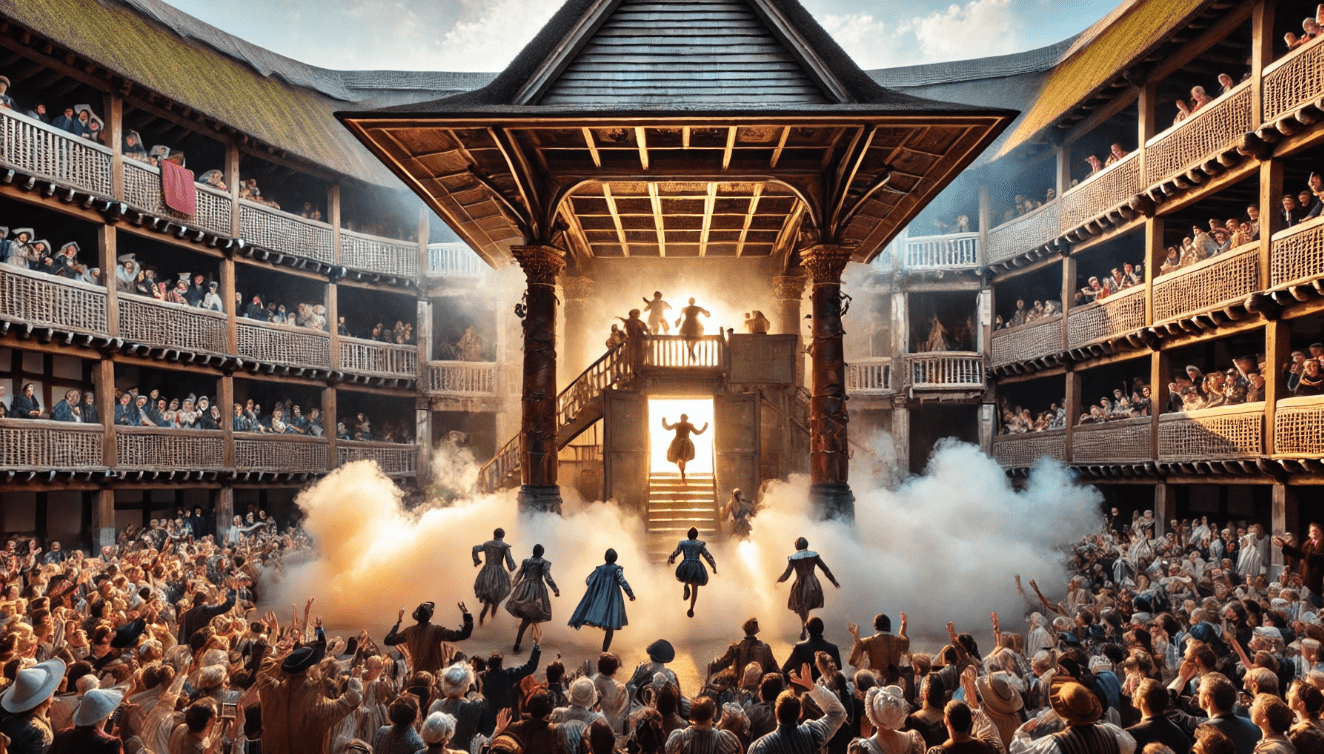 Shakespearean theatre with dramatic trapdoor entrance and special effects, adding spectacle to the performance.