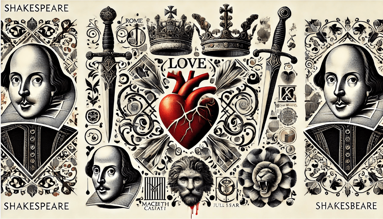 Symbols representing the key themes of Shakespeare's plays, including love, power, betrayal, and ambition.