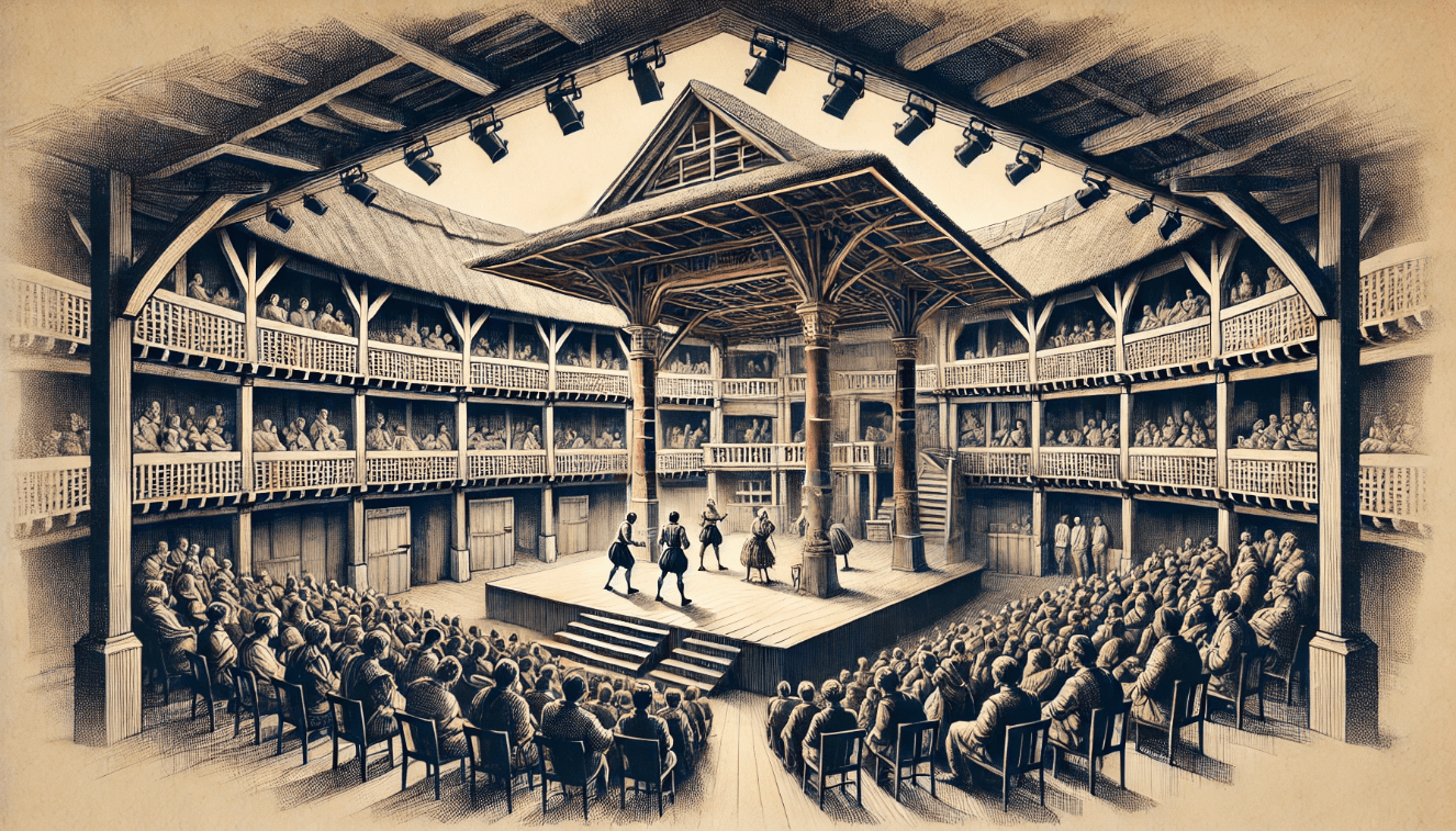Shakespeare’s Globe Theatre showcasing its minimalist thrust stage design with actors performing for an engaged audience.