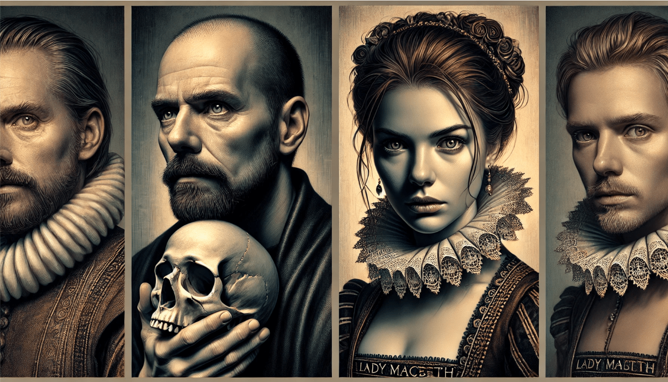 Shakespeare’s complex characters, Hamlet and Lady Macbeth, symbolizing emotional depth and psychological conflict