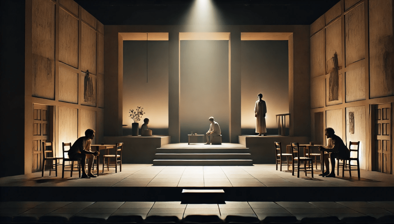Minimalist stage design inspired by Shakespeare, focusing on actors and subtle props to enhance storytelling