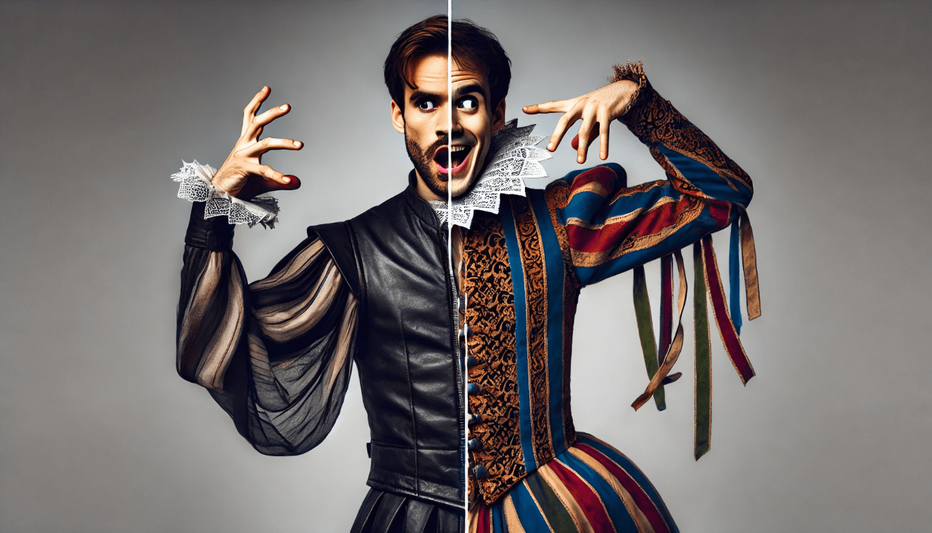 Actor portraying dual roles of tragedy and comedy, reflecting Shakespeare’s influence on modern acting techniques