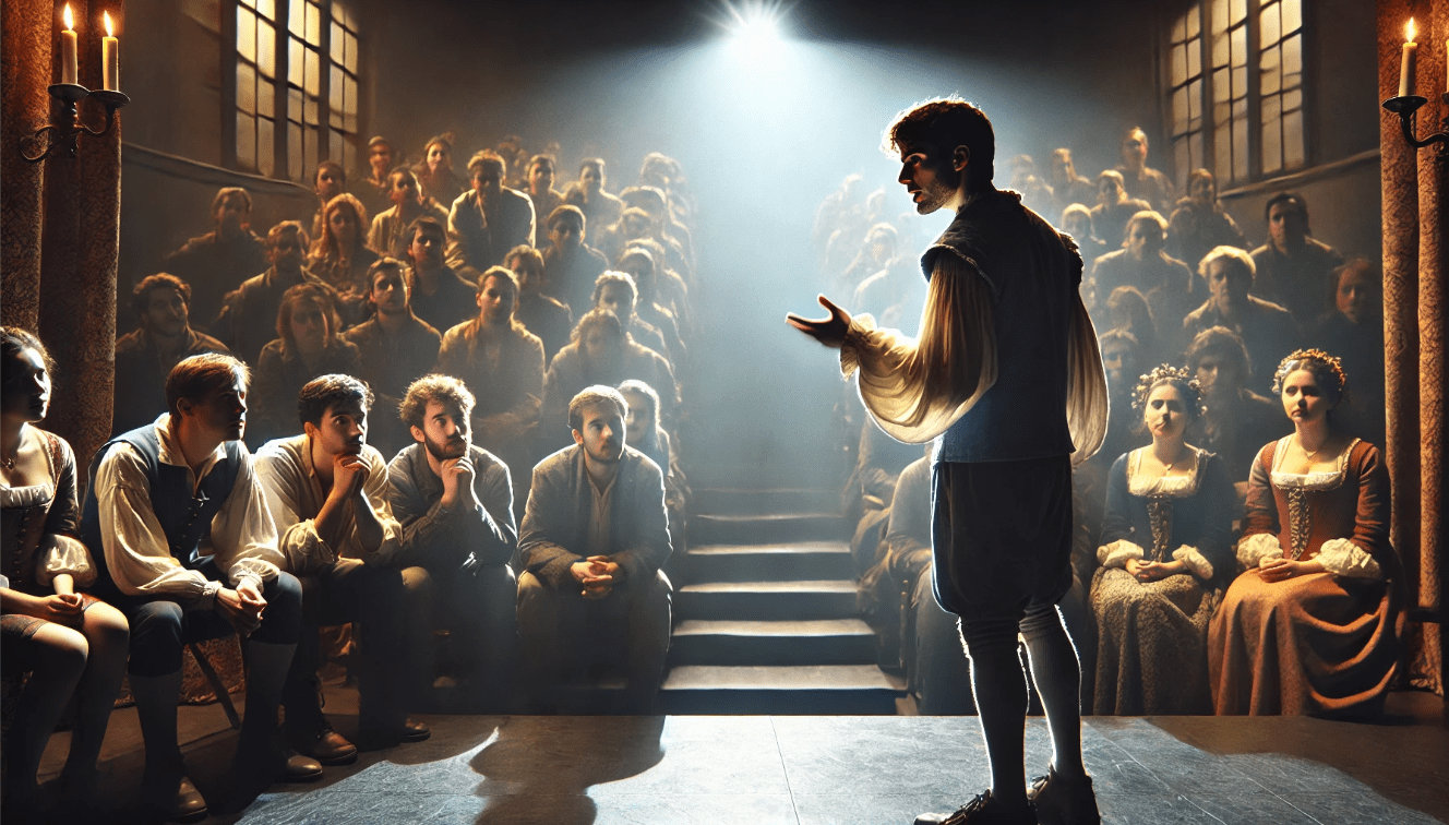 Shakespearean actor breaking the fourth wall, directly engaging with the audience in a metatheatrical moment.
