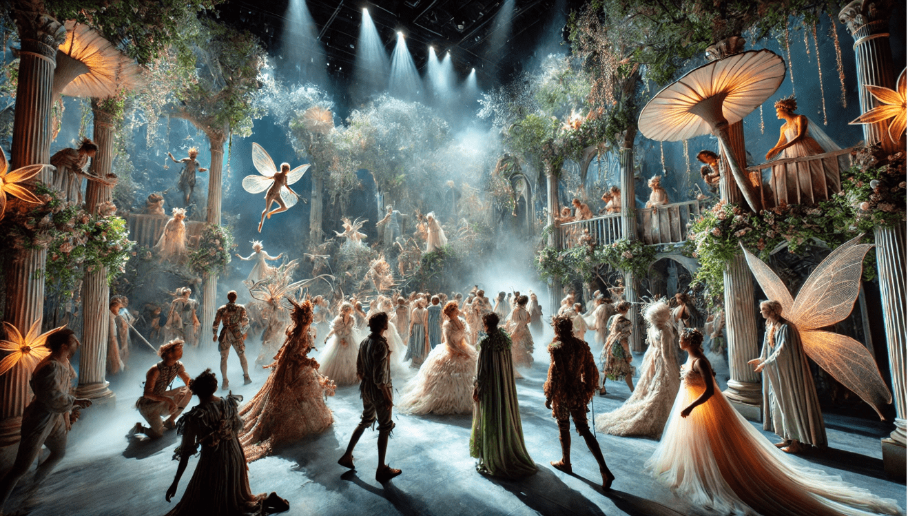 “Immersive theatre production of A Midsummer Night’s Dream, where audience members interact with the actors and the set.”

