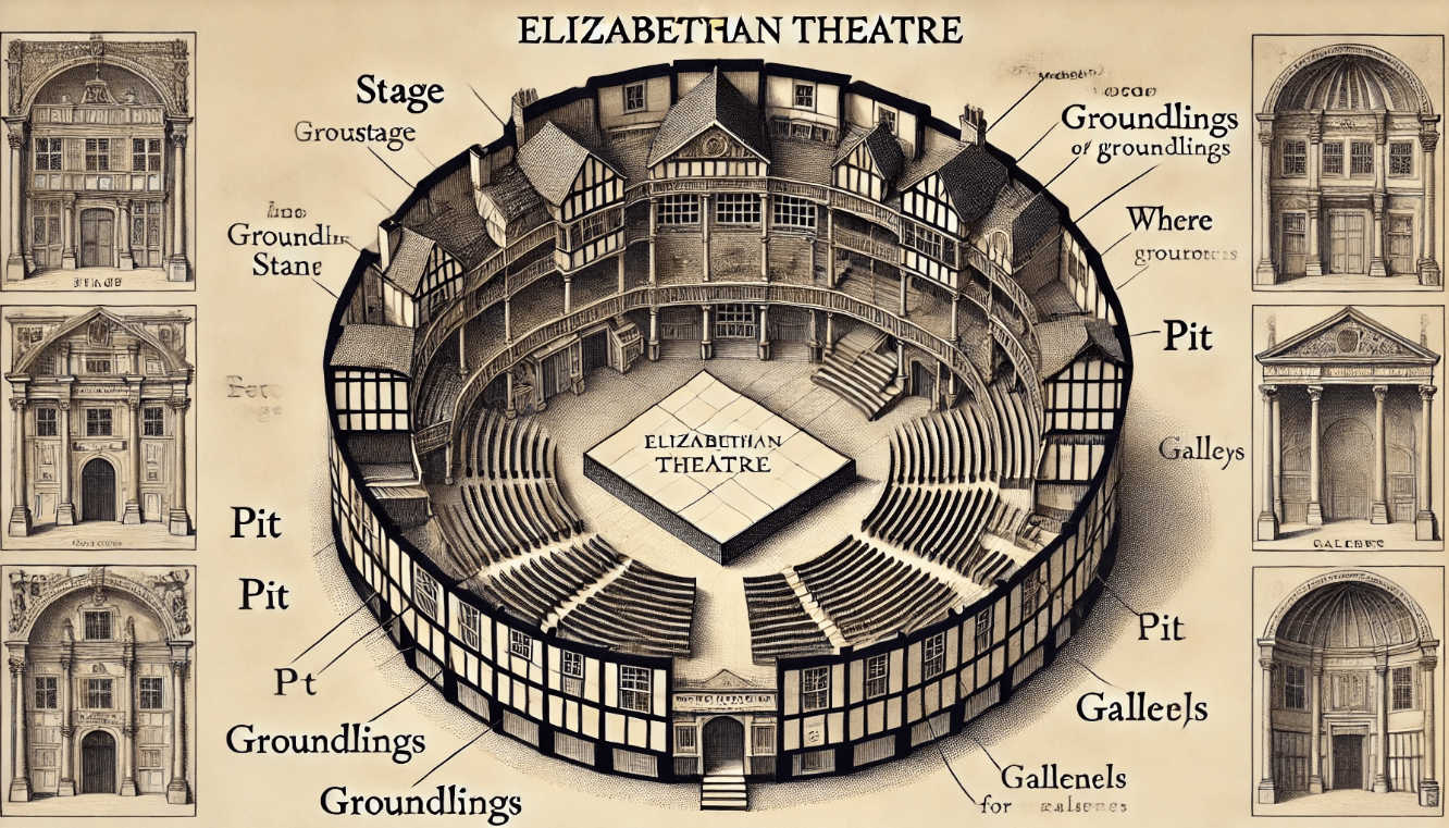 Diagram of an Elizabethan theatre layout, showcasing the raised stage, pit, and galleries, designed for audience engagement.