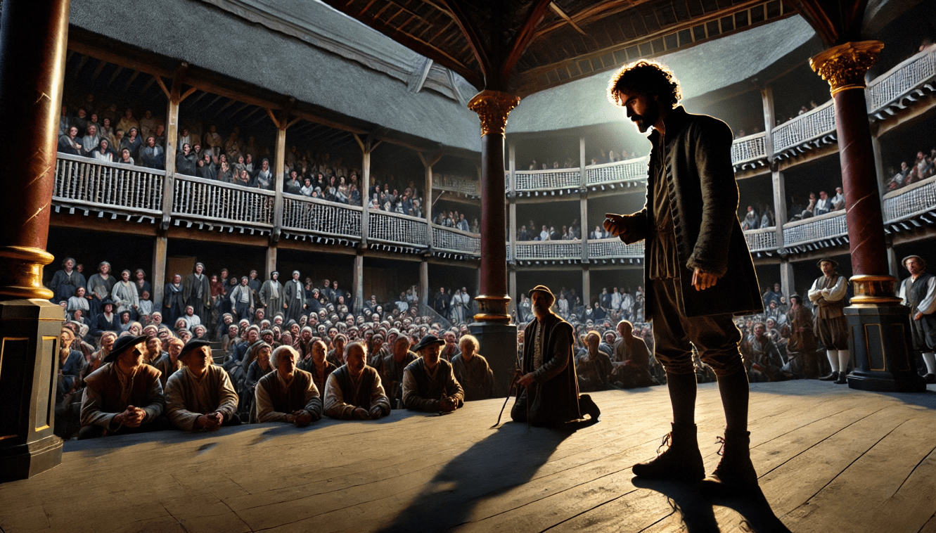 Actor delivering a soliloquy on stage at the Globe Theatre, highlighting the interaction with the audience and minimalistic set design.
