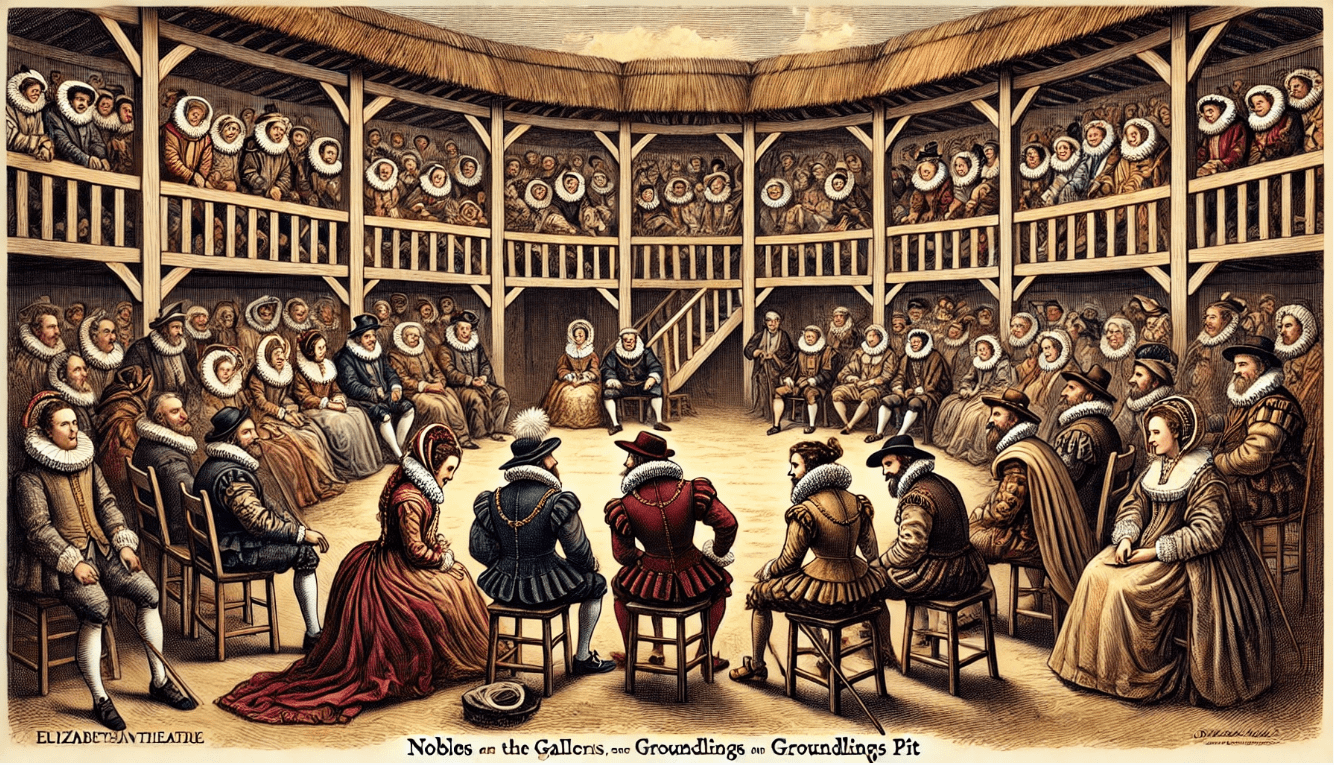 Diverse audience at an Elizabethan theatre, illustrating social stratification with nobles in the galleries and groundlings in the pit.