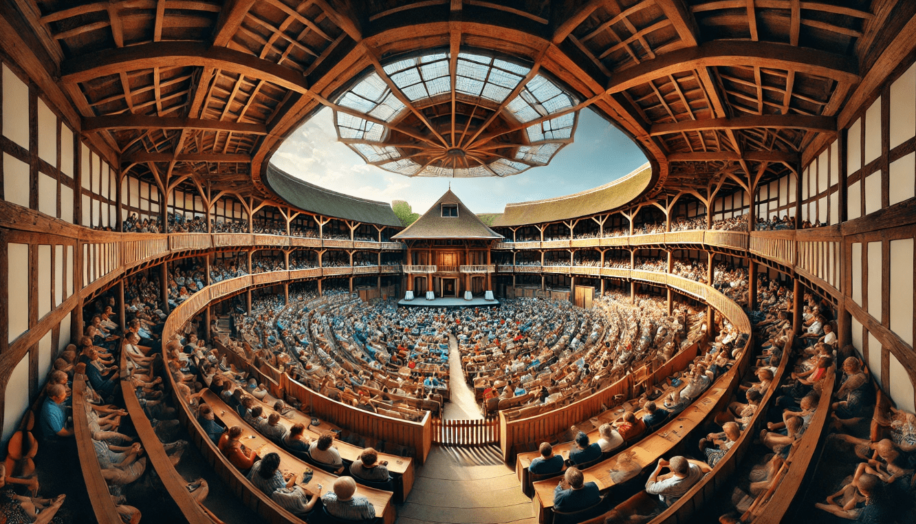 Panoramic view of an open-air Elizabethan theatre, emphasizing the immersive audience experience and natural light.