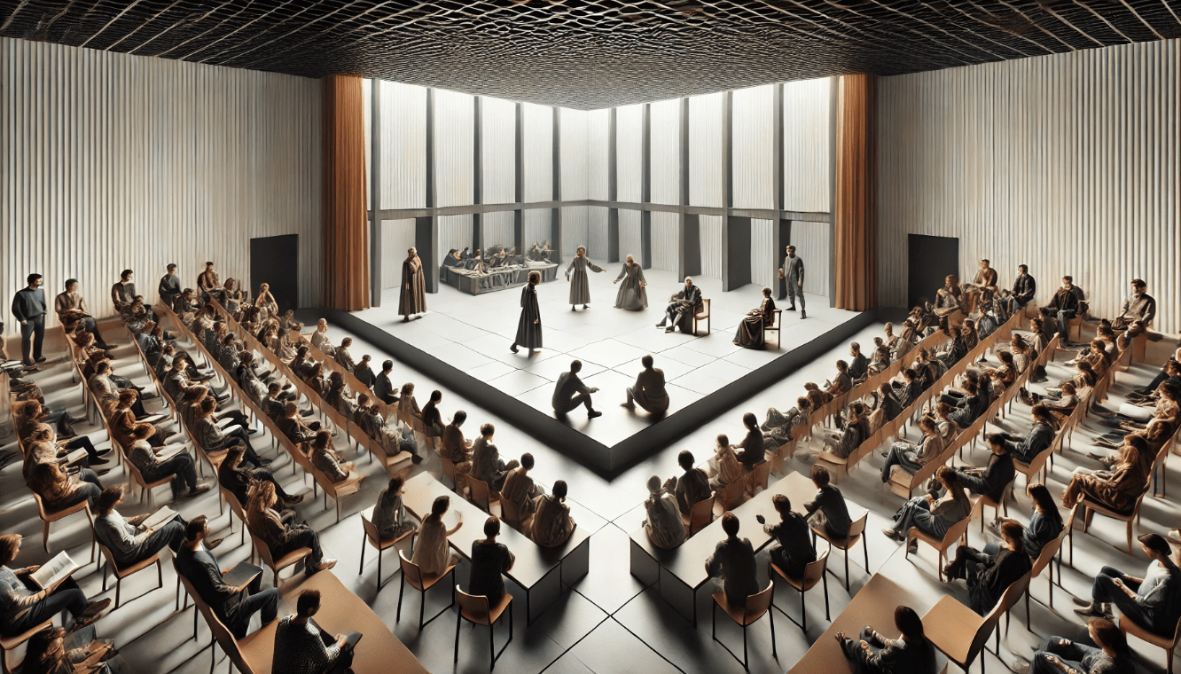 Modern performance of a Shakespeare play with minimal set design, showing the ongoing influence of Shakespearean theatre architecture