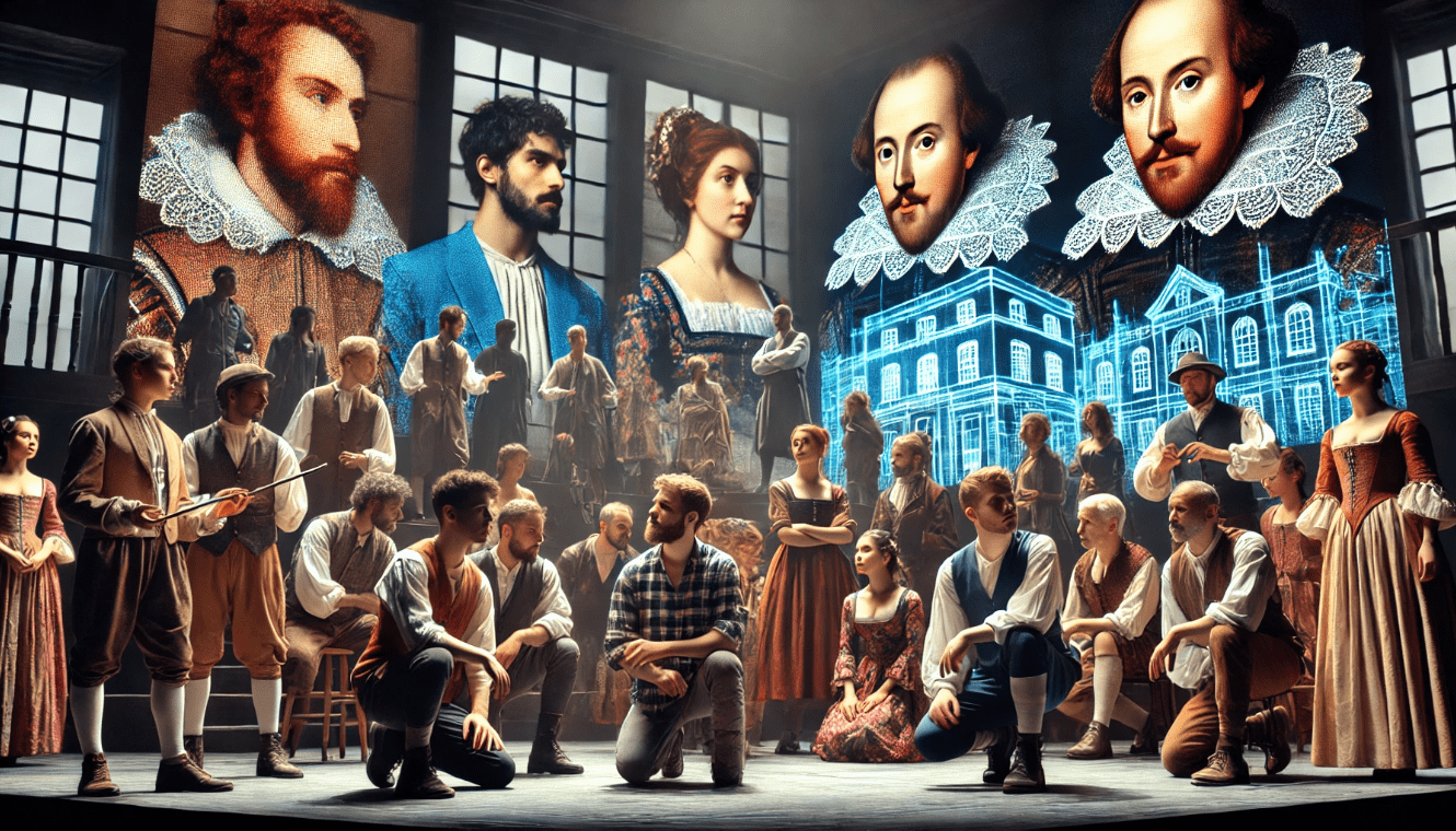 Diverse group of actors rehearsing a Shakespeare play, using digital projections and modern technology to enhance the performance.