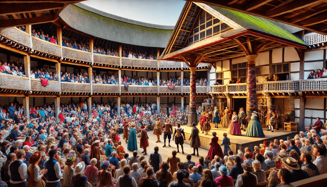 Open-air performance at Shakespeare’s Globe Theatre, blending traditional Elizabethan settings with modern interpretations