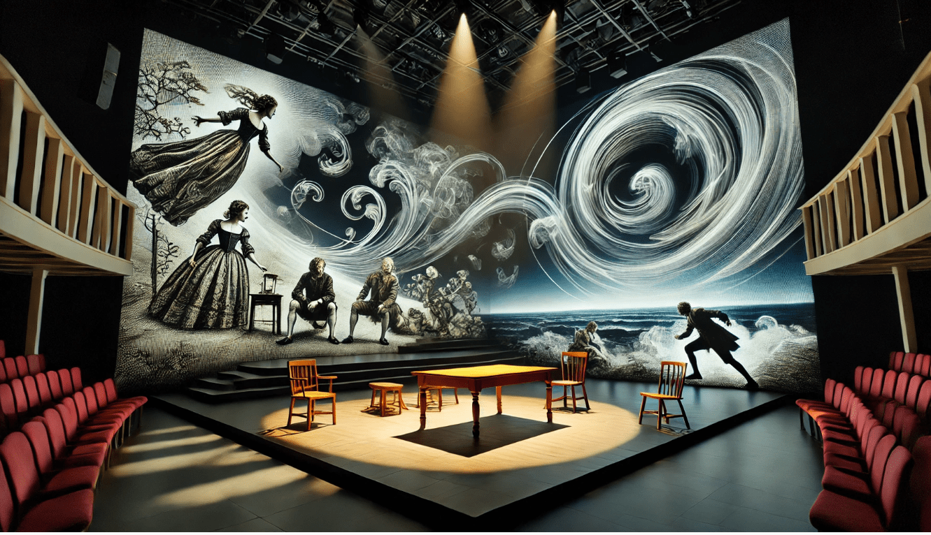 Contemporary Shakespeare production using digital projections and modern technology to adapt classic works for a modern audience.