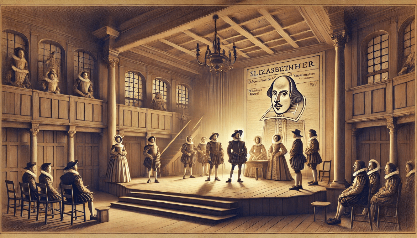 Early Shakespearean drama stage with actors and manuscripts depicting the beginnings of Shakespeare's influence on theater