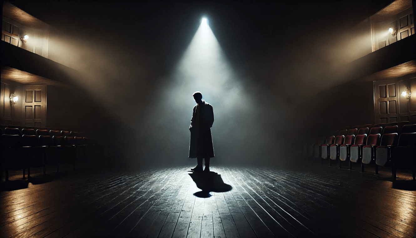 Solitary figure in a Shakespearean tragedy reflecting internal conflict, depicting the rise of complex structures in Shakespeare’s plays