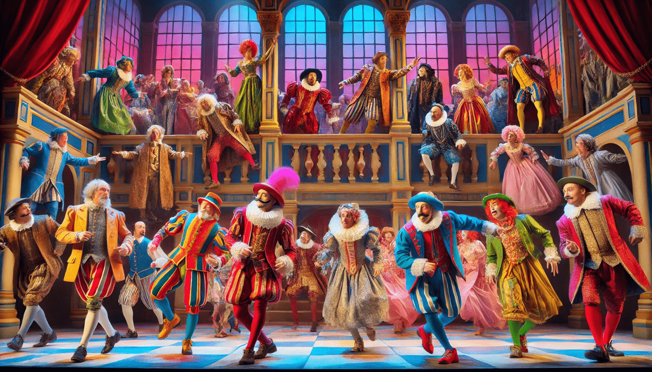 Colorful Shakespearean comedy scene with mistaken identities and playful costumes, showcasing the art of twists and turns in his comedies