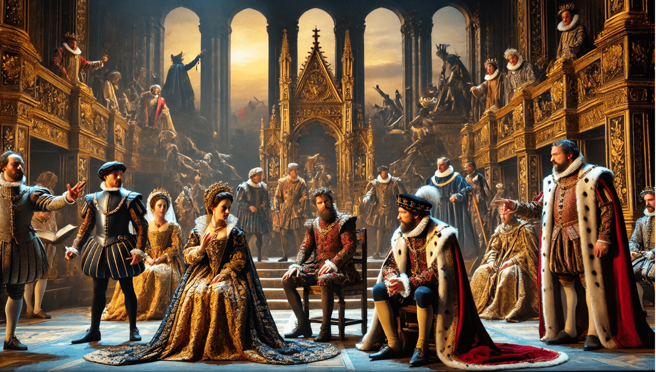 Shakespearean history play scene depicting monarchs in regal costumes, symbolizing power, politics, and leadership in his works.