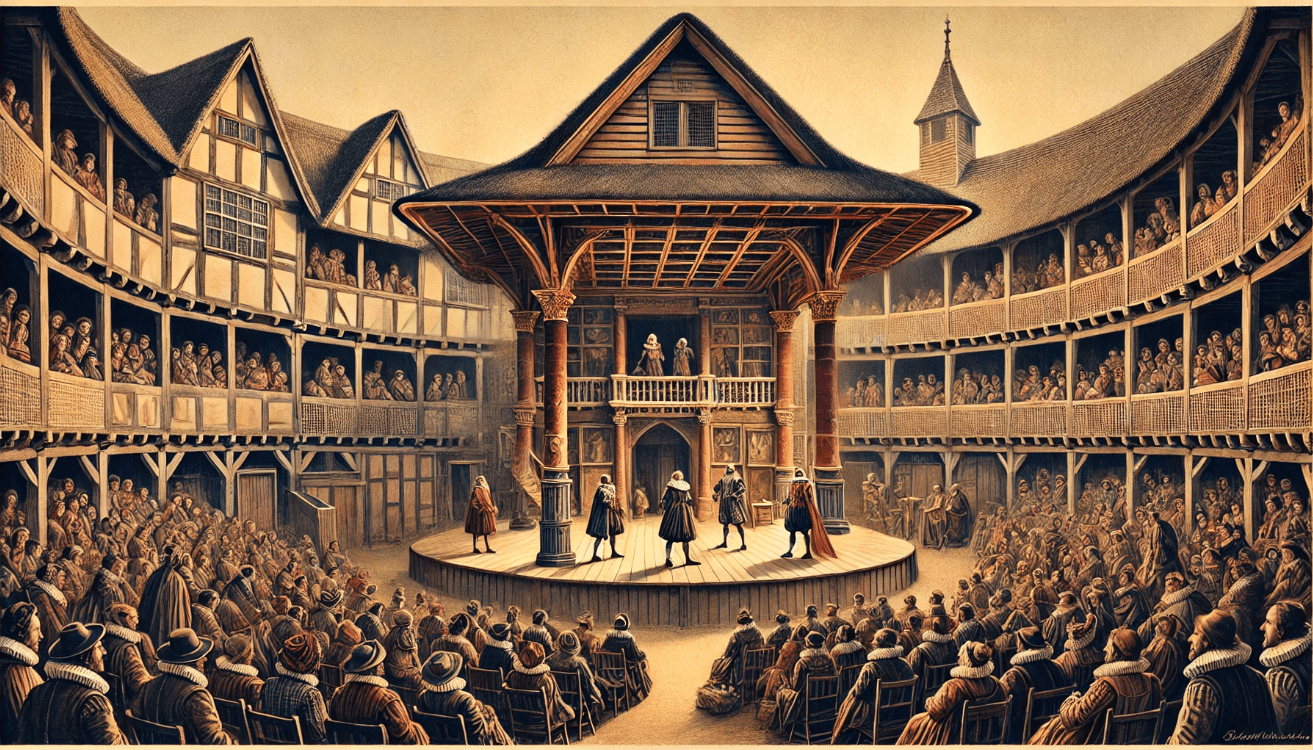 Shakespeare’s Globe Theatre showing actors performing on stage, symbolizing the transition from amateur to professional theatre.
