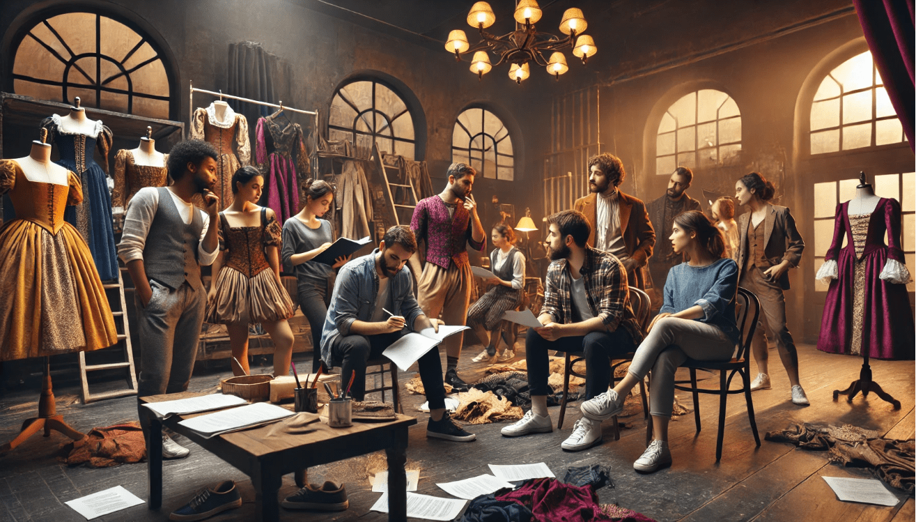 A modern theatre company rehearsing together, showcasing collaboration and professionalism inspired by Shakespeare’s theatre model.