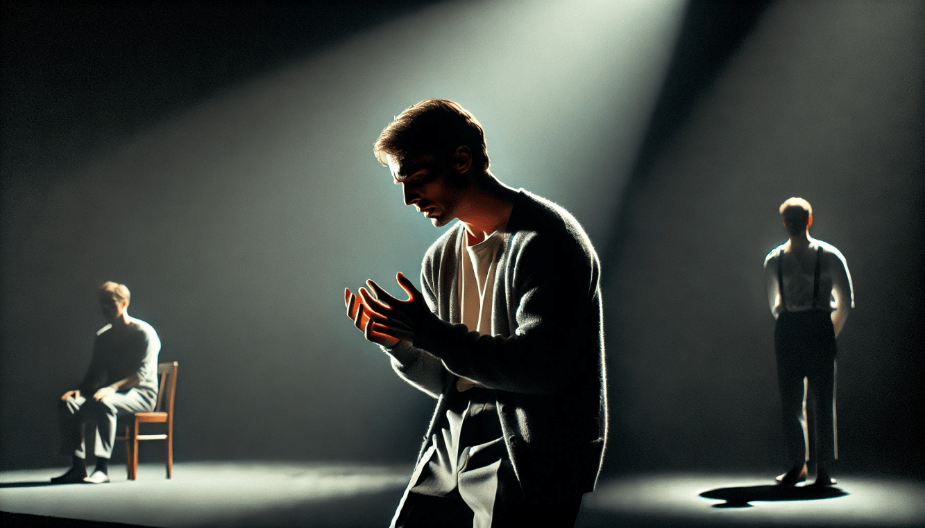 Actor delivering a Shakespearean soliloquy, emphasizing emotional depth and psychological realism in modern theatre