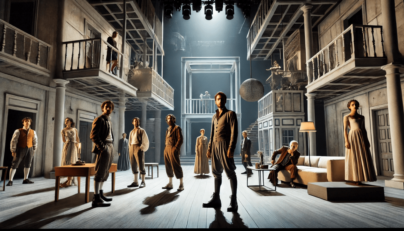 Modern adaptation of a Shakespeare play, showcasing contemporary costumes and staging, reflecting Shakespeare's lasting influence on theatre