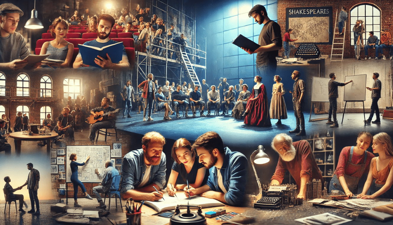 Collage of modern theatre professionals collaborating in rehearsals and design, inspired by Shakespeare’s legacy in theatre companies