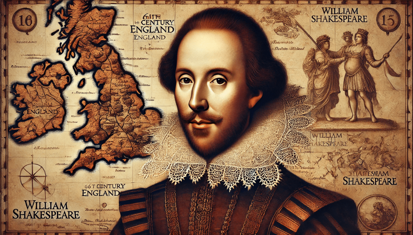 Portrait of William Shakespeare with a historical map of Elizabethan England