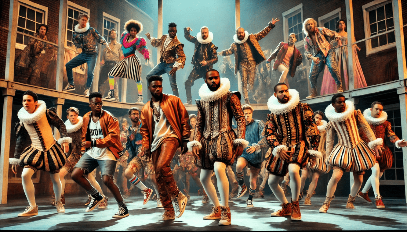 Modern interpretation of a Shakespearean play with diverse actors blending traditional and contemporary styles