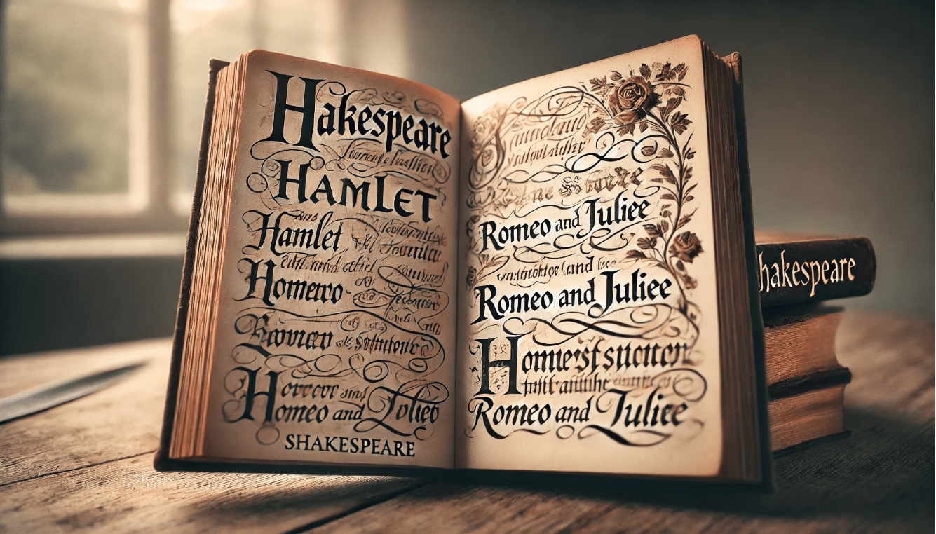 Open vintage book with Shakespeare’s famous quotes written in calligraphy.
