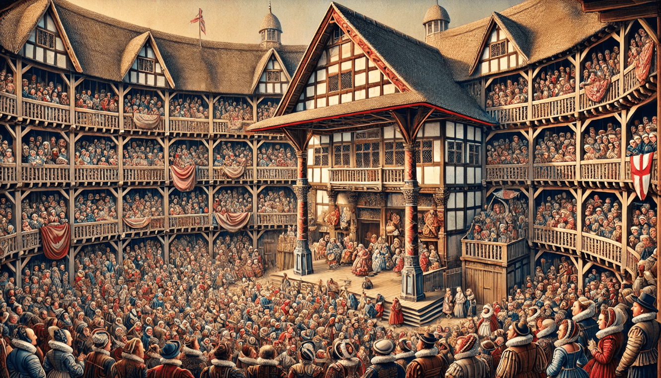 Illustration of the Globe Theatre in the Elizabethan era with an audience of various social classes.