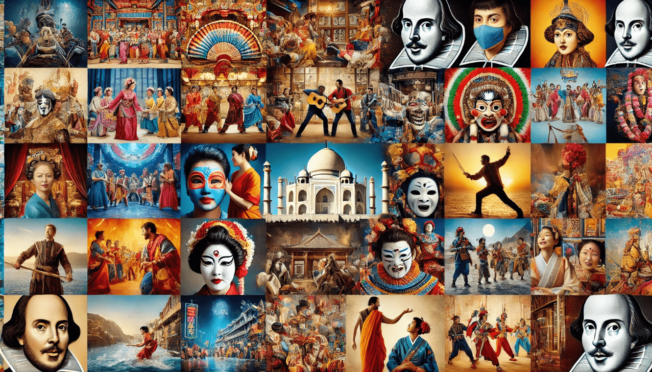 Collage of global cultural adaptations of Shakespeare’s plays, including Bollywood, Kabuki, and African theatre